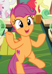 Size: 428x600 | Tagged: safe, screencap, apple bloom, scootaloo, sweetie belle, earth pony, pegasus, pony, unicorn, g4, growing up is hard to do, being big is all it takes, bipedal, cropped, cute, cutealoo, cutie mark crusaders, dancing, female, mare, offscreen character, older, older scootaloo, open mouth, smiling, solo focus, suitcase