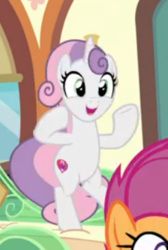 Size: 240x357 | Tagged: safe, screencap, scootaloo, sweetie belle, pegasus, pony, unicorn, g4, growing up is hard to do, being big is all it takes, bipedal, cropped, cute, dancing, diasweetes, female, mare, offscreen character, older, older sweetie belle, open mouth, solo focus