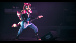 Size: 9600x5400 | Tagged: safe, artist:imafutureguitarhero, sunset shimmer, unicorn, anthro, unguligrade anthro, g4, 3d, absurd resolution, amplifier, black bars, boots, cable, cheek fluff, chest fluff, chromatic aberration, clothes, colored eyebrows, colored eyelashes, cup, drink, drum kit, drum set, drums, ear fluff, electric guitar, female, fender, fender stratocaster, film grain, fingerless gloves, floppy ears, fluffy, fur, gloves, guitar, guitar amp, guitar cabinet, guitar strap, horn, jacket, jeans, leather, leather boots, leather gloves, leather jacket, letterboxing, long hair, long mane, mare, monitor, motion blur, multicolored hair, multicolored mane, multicolored tail, musical instrument, nose fluff, open mouth, pants, remake, revamped anthros, revamped ponies, rock (music), shoes, signature, solo, source filmmaker, speaker, stage, stratocaster, sunset shredder, wall of tags, windswept hair, windswept mane, windswept tail