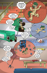Size: 1375x2125 | Tagged: safe, artist:willdabeard, oc, oc:nutmeg, earth pony, pony, comic:nutmeg's tiny adventure, comic, cookie, cutie mark, excited, food, happy, interior, micro, railing, shrink, shrinking, shrinking potion, shrunk, sink, speech bubble, stairs, swimming, table, toy