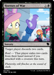Size: 375x523 | Tagged: safe, edit, fluttershy, pinkie pie, sunset shimmer, trixie, equestria girls, equestria girls specials, g4, my little pony equestria girls: better together, my little pony equestria girls: holidays unwrapped, ccg, clothes, jacket, magic the gathering, mittens, shell shock, snow, trading card, trading card edit
