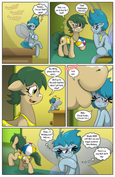 Size: 1100x1700 | Tagged: safe, artist:willdabeard, oc, oc:flurry, oc:misty, oc:nutmeg, breezie, earth pony, pony, comic:misty's mis-adventure, littlepartycomics, beach ball, blue coat, blue mane, blushing, breezie oc, brown coat, butt, cheek kiss, clothes, comic, embarrassed, glasses, green mane, kissing, micro, one-piece swimsuit, plot, pouting, scheming, smooch, speech bubble, sunscreen, swimsuit, thought bubble