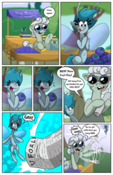 Size: 3300x5100 | Tagged: safe, artist:willdabeard, oc, oc:flurry, oc:misty, breezie, comic:misty's mis-adventure, littlepartycomics, angry, blue coat, blue mane, blueberry, breezie oc, comic, fleeing, food, food cart, fruit, glasses, licking, licking lips, looming over, micro, newspaper, older, scared, shocked, speech bubble, swatting, tongue out, waving