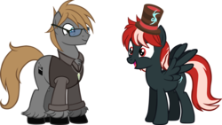 Size: 2000x1125 | Tagged: safe, artist:theeditormlp, oc, oc only, oc:shadow rush, oc:the editor, earth pony, pegasus, pony, clothes, glasses, hat, male, shirt, simple background, stallion, top hat, transparent background, vest