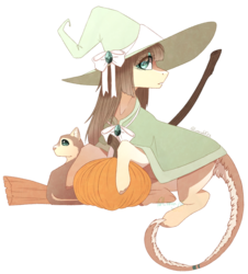 Size: 904x998 | Tagged: safe, artist:luuny-luna, oc, oc only, oc:misaki, cat, earth pony, pony, broom, hat, pumpkin, simple background, solo, transparent background, witch hat