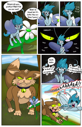 Size: 968x1496 | Tagged: safe, artist:willdabeard, oc, oc:flurry, oc:misty, breezie, cat, comic:misty's mis-adventure, littlepartycomics, bell, blue coat, blue mane, breezie oc, chase, collar, comic, eating, fleeing, flower, frightened, gulp, licking, licking lips, micro, nervous, screaming, speech bubble, tongue out