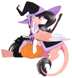 Size: 934x1006 | Tagged: safe, artist:luuny-luna, oc, oc only, oc:misaki, oc:tsury, cat, pegasus, pony, broom, glasses, hat, pumpkin, simple background, solo, transparent background, witch hat