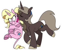 Size: 664x536 | Tagged: safe, artist:redxbacon, oc, oc only, oc:eureka, oc:parch well, pony, unicorn, female, height difference, lesbian, mare, physique difference, ribs, skinny, thin