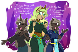 Size: 1280x853 | Tagged: safe, artist:redxbacon, oc, oc only, oc:parch well, oc:princess olemus, oc:securina, alicorn, unicorn, anthro, alicorn oc, armor, belt, belt jewelry, clothes, crown, dress, ethereal mane, female, jewelry, loincloth, long hair, long mane, missing wing, necklace, regalia, trio