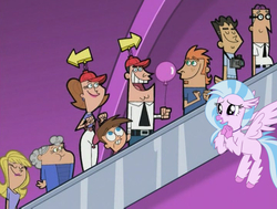 Size: 720x544 | Tagged: safe, artist:sonofaskywalker, silverstream, hippogriff, human, g4, 1000 hours in gimp, balloon, escalator land, stairs, that hippogriff sure does love stairs, the fairly oddparents, timmy turner, timmy's dad, timmy's mom