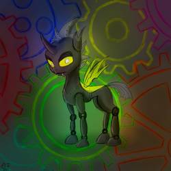 Size: 894x894 | Tagged: safe, artist:atomfliege, oc, oc only, oc:warplix, changeling, robot, robot changeling, changeling oc, looking at you, male, solo, standing, yellow changeling