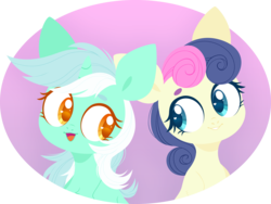 Size: 5000x3768 | Tagged: safe, artist:belka-sempai, bon bon, lyra heartstrings, sweetie drops, earth pony, pony, unicorn, g4, absurd resolution, bust, duo, duo female, female, horn, looking at each other, looking at someone, looking sideways, mare, open mouth, open smile, smiling, smiling at each other