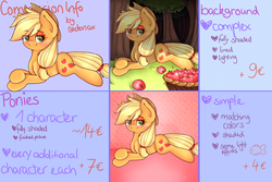 Size: 3600x2400 | Tagged: safe, artist:sadonax, applejack, earth pony, pony, g4, advertisement, apple, background removed, commission, commission info, female, food, hat, high res, prone, solo