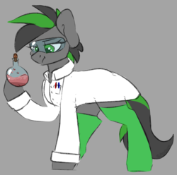 Size: 4651x4609 | Tagged: safe, artist:spoopygander, oc, oc only, oc:varah bubble, earth pony, pony, absurd resolution, alchemy, clothes, curious, earth pony oc, female, flask, florence flask, goggles, lab coat, mare, multicolored hair, patreon, patreon reward, potion, safety goggles, science, scientist, serious, serious face, simple background, sketch, socks, soda, solo