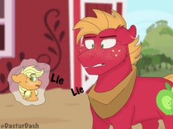 Size: 1200x896 | Tagged: safe, artist:dasturdash, applejack, big macintosh, pony, g4, where the apple lies, animated, freckles, gif, horse collar, lie, offscreen character, sweat, sweatdrop, sweet apple acres, sweet apple acres barn, teenage applejack, teenage big macintosh, teenager, young, younger