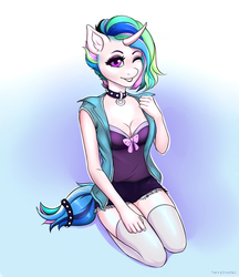 Size: 2000x2311 | Tagged: safe, artist:furrycrystal, princess celestia, alicorn, anthro, g4, alternate hairstyle, black eyeshadow, black lipstick, breasts, busty princess celestia, choker, cleavage, clothes, ear piercing, eyeliner, eyeshadow, female, gradient background, high res, kneeling, lipstick, makeup, one eye closed, piercing, punklestia, smiling, socks, solo, thigh highs, wink, ych result