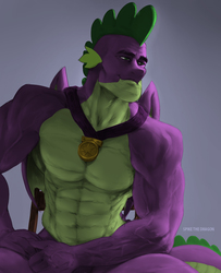 Size: 1080x1331 | Tagged: artist needed, safe, color edit, edit, spike, dragon, g4, the last problem, abs, buff, chad, colored, gigachad, gigachad spike, jewelry, lidded eyes, male, medal, meme, muscles, necklace, older, older spike, sitting, smiling, smirk, solo, stupid sexy spike, vein, winged spike, wings