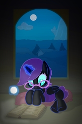 Size: 1618x2448 | Tagged: safe, artist:jovey4, oc, oc only, oc:nyx, alicorn, pony, book, clothes, cloud, female, filly, full moon, glasses, light, magic, moon, mountain, nightmare eyes, reading, solo, vest, window