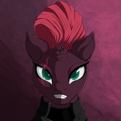 Size: 2048x2048 | Tagged: safe, artist:taiggerrock, tempest shadow, pony, unicorn, g4, armor, broken horn, digital art, female, glare, grin, high res, horn, looking at you, mare, scar, scared, shadow, simple background, smiling, smug, solo