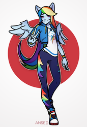 Size: 1400x2050 | Tagged: safe, artist:ansed67, rainbow dash, equestria girls, equestria girls series, g4, clothes, converse, eared humanization, female, hoodie, humanized, jewelry, looking at you, necklace, peace sign, shirt, shoes, simple background, smiling, sneakers, solo, white background, winged humanization, wings