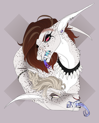 Size: 1280x1575 | Tagged: safe, artist:dementra369, oc, oc only, pony, collar, couple, eyeshadow, fangs, forked tongue, freckles, long ears, makeup, piercing, scar