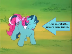 Size: 772x577 | Tagged: safe, edit, edited screencap, editor:korora, screencap, fizzy, pony, g1, my little pony 'n friends, the magic coins, arrow, bow, captain obvious, cute, female, fizzybetes, pun, solo, tail bow, text
