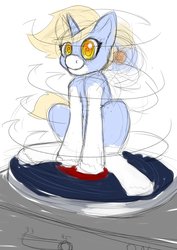 Size: 2480x3507 | Tagged: safe, artist:mcsplosion, oc, oc only, oc:nootaz, pony, unicorn, dizzy, female, high res, nootvember, nootvember 2019, sketch, solo, spinning, this will end in vomiting, tiny, tiny ponies, turntable, you spin me right round