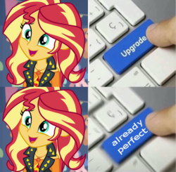 Size: 720x707 | Tagged: safe, edit, edited screencap, screencap, sunset shimmer, equestria girls, equestria girls series, g4, my little pony equestria girls: friendship games, rollercoaster of friendship, cropped, cute, female, geode of empathy, head tilt, jewelry, keyboard, magic, magical geodes, meme, necklace, shimmerbetes, smiling, solo, telekinesis, text, upgrade, upgrade meme, when she smiles