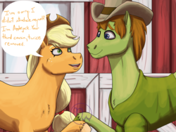 Size: 2400x1800 | Tagged: safe, artist:azurllinate, applejack, earth pony, pony, g4, barn, blue eyes, clothes, cloven hooves, cousins, crossover, dialogue, family, female, green eyes, hat, headcanon, hoofshake, looking at each other, male, open mouth, ponified, scooby-doo!, scooby-doo! shaggy's showdown, shaggy rogers, shirt, smiling, speech bubble, ten gallon hat, window