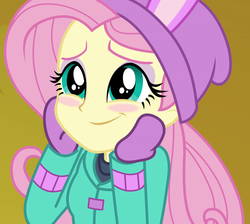Size: 1208x1080 | Tagged: safe, screencap, fluttershy, blizzard or bust, equestria girls, equestria girls series, holidays unwrapped, spoiler:eqg series (season 2), blushing, clothes, cropped, cute, female, fluttershy's winter hat, hat, mittens, shyabetes, solo, winter outfit