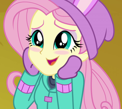 Size: 1208x1080 | Tagged: safe, screencap, fluttershy, blizzard or bust, equestria girls, equestria girls series, g4, holidays unwrapped, spoiler:eqg series (season 2), blushing, clothes, cropped, cute, female, shyabetes, solo, winter outfit