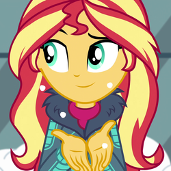 Size: 1080x1080 | Tagged: safe, screencap, sunset shimmer, blizzard or bust, equestria girls, equestria girls series, g4, holidays unwrapped, spoiler:eqg series (season 2), clothes, cropped, cute, fake snow, female, jacket, shimmerbetes, solo, winter outfit