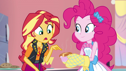 Size: 1920x1080 | Tagged: safe, screencap, pinkie pie, sunset shimmer, equestria girls, equestria girls specials, g4, my little pony equestria girls: better together, my little pony equestria girls: holidays unwrapped, saving pinkie's pie, duo, duo female, female, geode of empathy, kitchen, magical geodes, oven mitts, ramekin, souffle