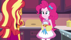 Size: 1920x1080 | Tagged: safe, screencap, pinkie pie, sunset shimmer, equestria girls, equestria girls series, g4, holidays unwrapped, saving pinkie's pie, spoiler:eqg series (season 2), clothes, female, mittens, skirt, souffle