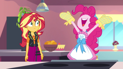 Size: 1920x1080 | Tagged: safe, screencap, pinkie pie, sunset shimmer, equestria girls, equestria girls specials, g4, my little pony equestria girls: better together, my little pony equestria girls: holidays unwrapped, saving pinkie's pie, apron, armpits, arms in the air, clothes, female, geode of empathy, magical geodes, nose in the air, volumetric mouth