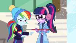 Size: 1920x1080 | Tagged: safe, screencap, rainbow dash, sci-twi, twilight sparkle, equestria girls, equestria girls specials, g4, my little pony equestria girls: better together, my little pony equestria girls: holidays unwrapped, clothes, female, shovel, winter outfit
