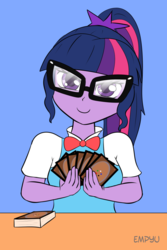 Size: 667x1000 | Tagged: safe, artist:empyu, sci-twi, twilight sparkle, human, equestria girls, g4, 45 minute art challenge, card, card game, deck of cards, female, glasses, looking at you, magic the gathering, solo