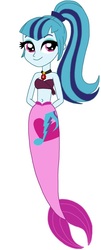Size: 333x822 | Tagged: safe, artist:cruelladevil84, sonata dusk, mermaid, equestria girls, g4, arm behind back, bandeau, bare arms, bare shoulders, cute, cutie mark on tail, female, fins, hand behind back, jewelry, mermaid tail, mermaidized, midriff, pendant, ponytail, sexy, simple background, solo, sonatabetes, species swap, tail, vector, white background
