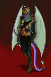 Size: 332x499 | Tagged: safe, artist:lullabyjak, spike, dragon, anthro, digitigrade anthro, g4, clothes, male, oddworld: stranger's wrath, solo, winged spike, wings