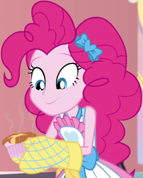 Size: 832x1030 | Tagged: safe, screencap, pinkie pie, equestria girls, equestria girls specials, g4, my little pony equestria girls: better together, my little pony equestria girls: holidays unwrapped, saving pinkie's pie, apron, bow, clothes, cropped, female, food, geode of sugar bombs, hair bow, kitchen, looking down, magical geodes, oven mitts, ramekin, skirt, sleeveless, sleeveless shirt, smiling, solo, souffle