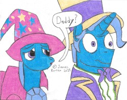 Size: 2144x1691 | Tagged: safe, artist:rock-raider, jack pot, trixie, pony, unicorn, g4, father and daughter, female, male, traditional art