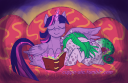 Size: 1280x832 | Tagged: safe, artist:cuppa-ale, twilight sparkle, oc, alicorn, alien, alien pony, monster pony, pony, g4, book, comforting, couch, female, magic, mare, twilight sparkle (alicorn), watermark, wing blanket