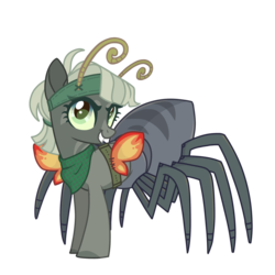 Size: 1198x1200 | Tagged: safe, alternate version, artist:syrikatsyriskater, oc, oc only, oc:barabi, drider, monster pony, original species, pony, spiderpony, bandana, belt, fake wings, female, grin, headband, mare, markings, simple background, smiling, solo, spy, transparent background