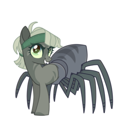 Size: 1198x1200 | Tagged: safe, alternate version, artist:syrikatsyriskater, oc, oc only, oc:barabi, drider, monster pony, original species, pony, spiderpony, female, grin, headband, mare, markings, simple background, smiling, solo, spy, transparent background