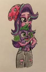 Size: 1152x1793 | Tagged: safe, artist:bozzerkazooers, spike, starlight glimmer, dog, equestria girls, g4, cute, duo, female, glimmerbetes, hug, male, ship:sparlight, shipping, smiling, spikabetes, spike the dog, spikelove, straight, traditional art