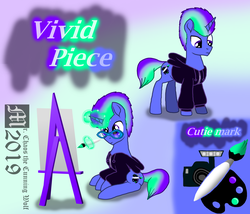 Size: 2333x2000 | Tagged: safe, artist:mrchaosthecunningwlf, artist:ponyvillechaos577, oc, oc only, oc:vivid piece, pony, unicorn, backstory, backstory in description, bio, clothes, high res, hoodie, male, painting, reference sheet, solo, stallion