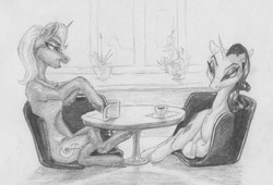 Size: 2991x2036 | Tagged: safe, artist:joestick, rarity, trixie, pony, unicorn, g4, female, high res, lesbian, mare, monochrome, rarixie, shipping, traditional art