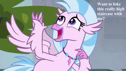 Size: 1280x720 | Tagged: safe, edit, edited screencap, editor:korora, screencap, silverstream, g4, school daze, bronybait, cute, diastreamies, jewelry, necklace, speech, that hippogriff sure does love stairs