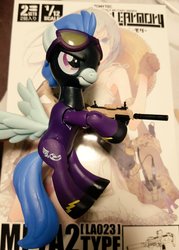 Size: 735x1024 | Tagged: safe, artist:omegapony16, nightshade, pegasus, pony, g4, clothes, costume, goggles, gun, irl, male, photo, shadowbolts, shadowbolts costume, smiling, solo, stallion, text, weapon