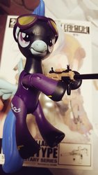 Size: 576x1024 | Tagged: safe, artist:omegapony16, nightshade, pegasus, pony, g4, clothes, costume, goggles, gun, irl, male, photo, shadowbolts, shadowbolts costume, smiling, solo, stallion, text, weapon